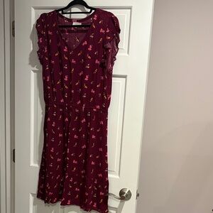 LOFT Dark Red Midi Dress with Floral Pattern